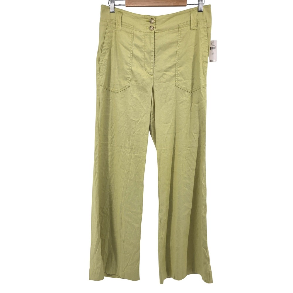 Maeve Anthropologie Wide Leg Pants 14 Chartreuse Linen Blend‎ High Rise Boho - Picture 2 of 11
